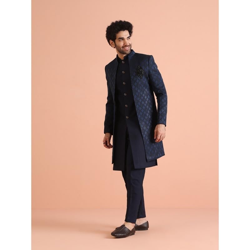 KISAH Mens Jacket Sherwani Trouser Set|Silk Blend Fabric Jacquard Pattern Indo-Western Sherwani Set for Men|Regular Fit Mandarin Collar Long Sleeves, Navy Blue, 38 - Image 3