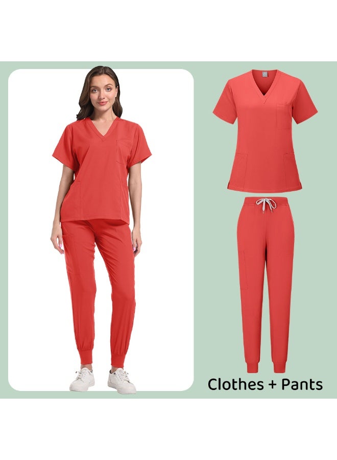 Loquat Womens Medical Scrubs Set Medical Uniform Set Orange Red - Image 1