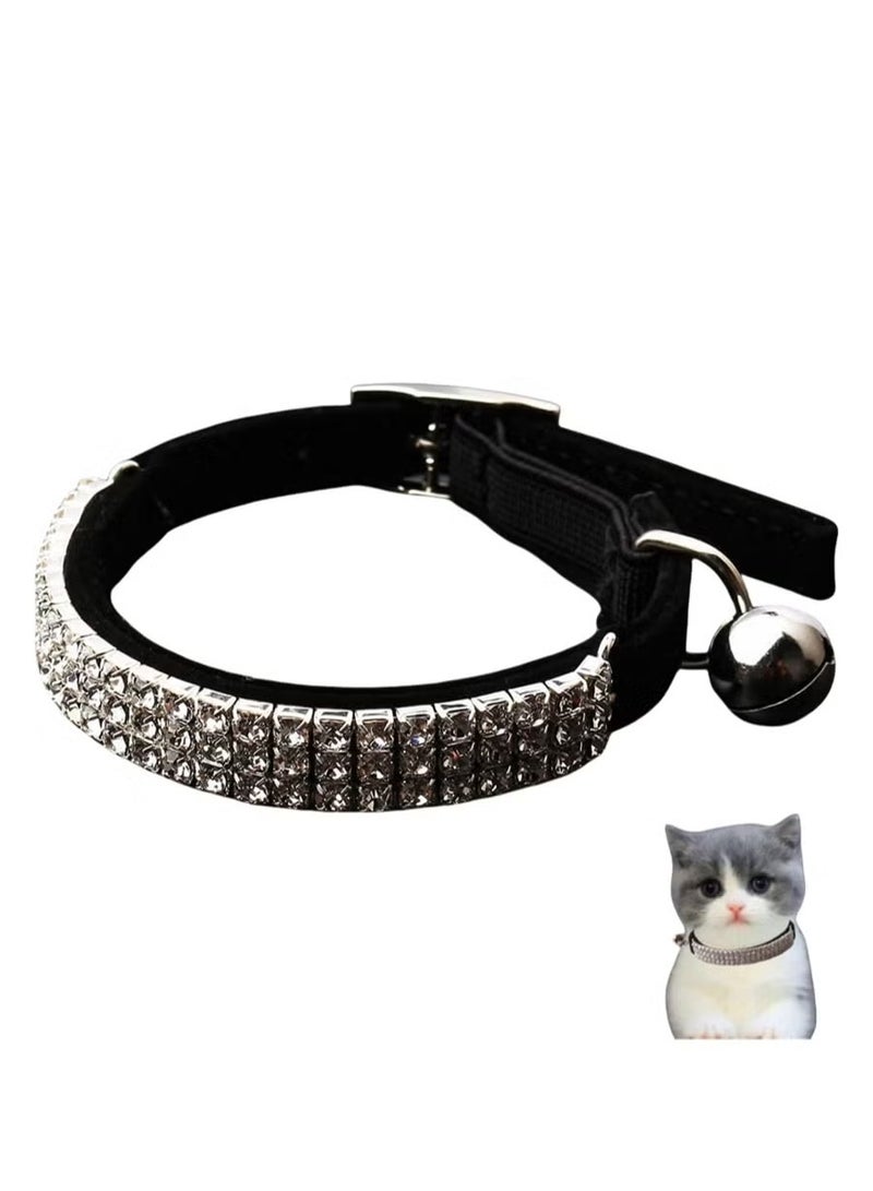 Adjustable Cat Collar Small Dog Anti-suffocation Collar with Bell Rhinestone Soft Velvet Pet Cat or Small Dog Necklace Black - Image 4