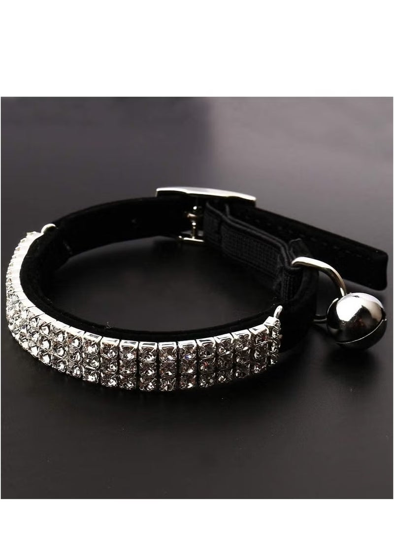 Adjustable Cat Collar Small Dog Anti-suffocation Collar with Bell Rhinestone Soft Velvet Pet Cat or Small Dog Necklace Black - Image 2