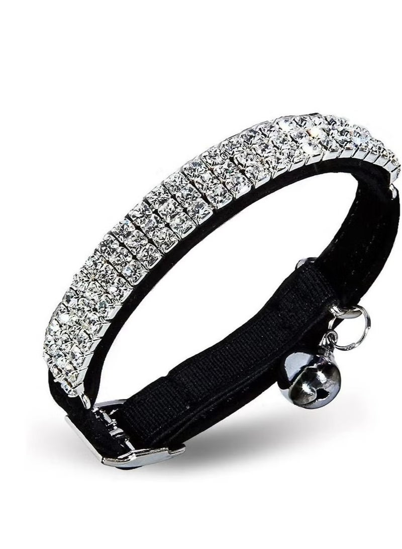 Adjustable Cat Collar Small Dog Anti-suffocation Collar with Bell Rhinestone Soft Velvet Pet Cat or Small Dog Necklace Black - Image 1