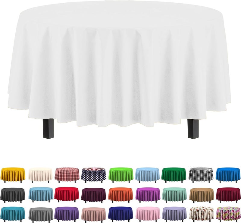 Exquisite 12-Pack Premium Plastic Tablecloth 84in. Round Table Cover - White - Image 1