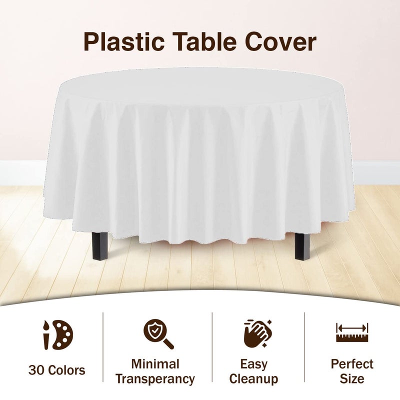 Exquisite 12-Pack Premium Plastic Tablecloth 84in. Round Table Cover - White - Image 3