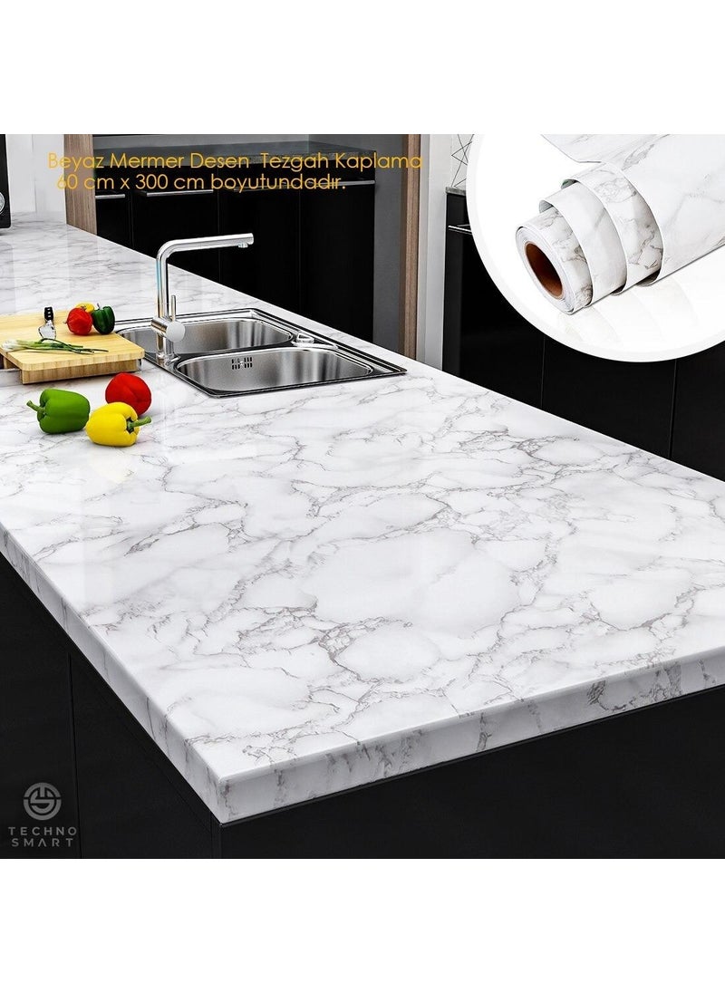 Technosmart Kitchen Countertop Foil Coating Marble Patterned White Bathroom Cabinet Coating 60 x 300 cm  - Image 1