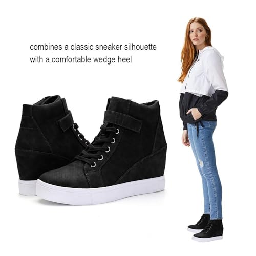 Athlefit Women's Lace Up Wedge Sneakers High Top Fashion Sneakers Ankle Booties Size 8 Black - Image 3