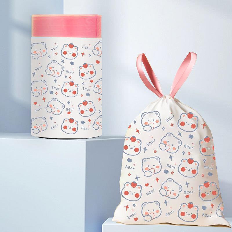Cartoon Printed Rabbit Drawstring Garbage Bag Household Large Portable Plastic Bag Disposable Thickened Kitchen Drawstring Pocket Strawberry bear thickened [1 volume 15]]