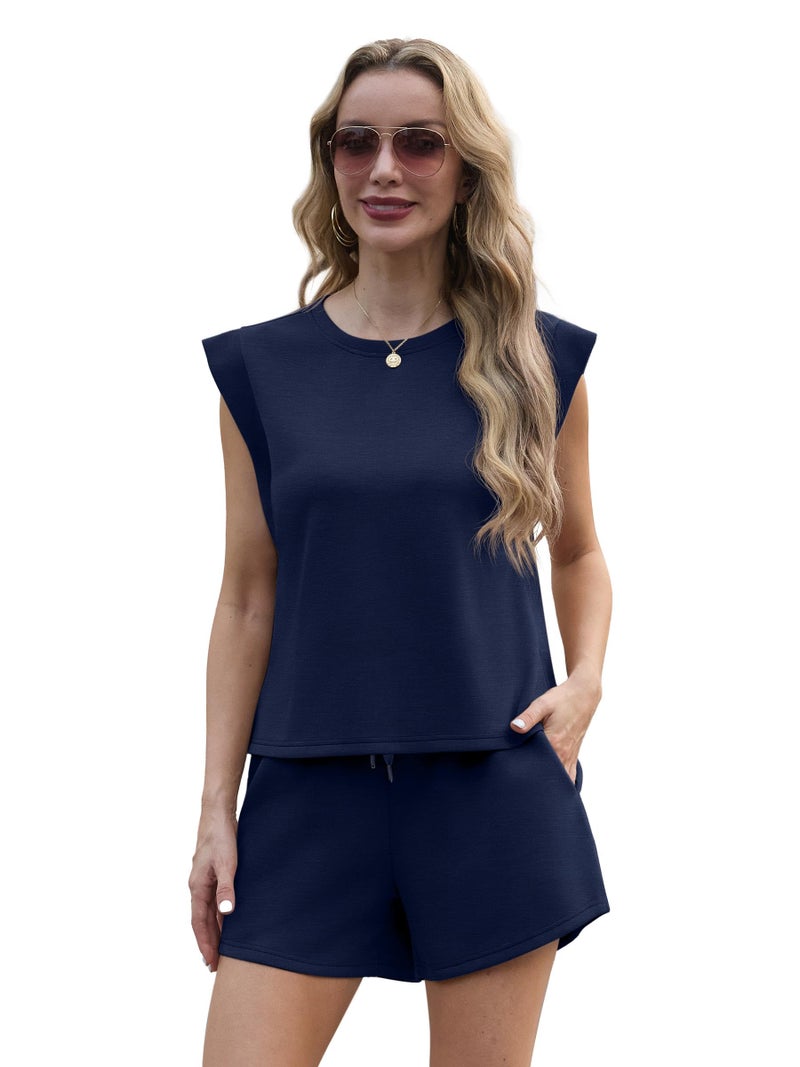 GRECERELLE 2 Piece Sets for Women Casual Summer Lounge Set Cap Sleeve Tops and Shorts with Pockets, Navy Blue, Medium - Image 5