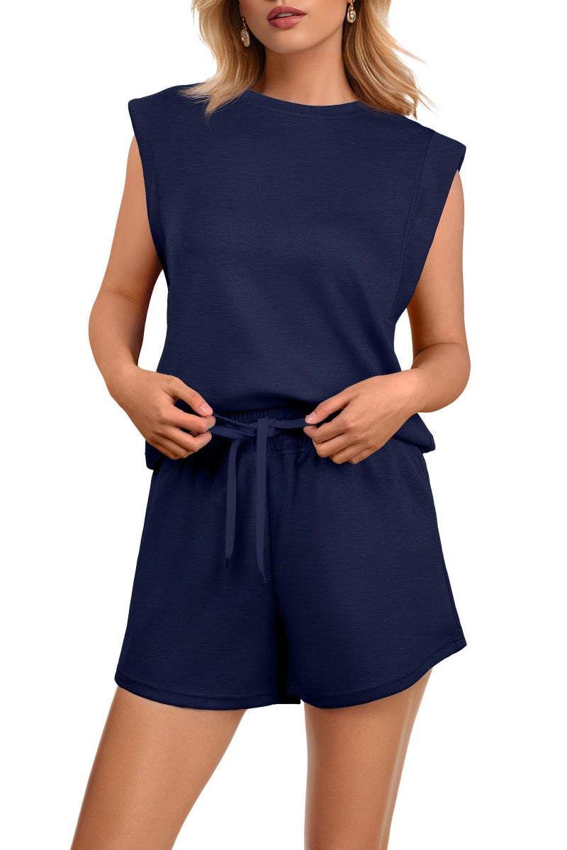 GRECERELLE 2 Piece Sets for Women Casual Summer Lounge Set Cap Sleeve Tops and Shorts with Pockets, Navy Blue, Medium - Image 2