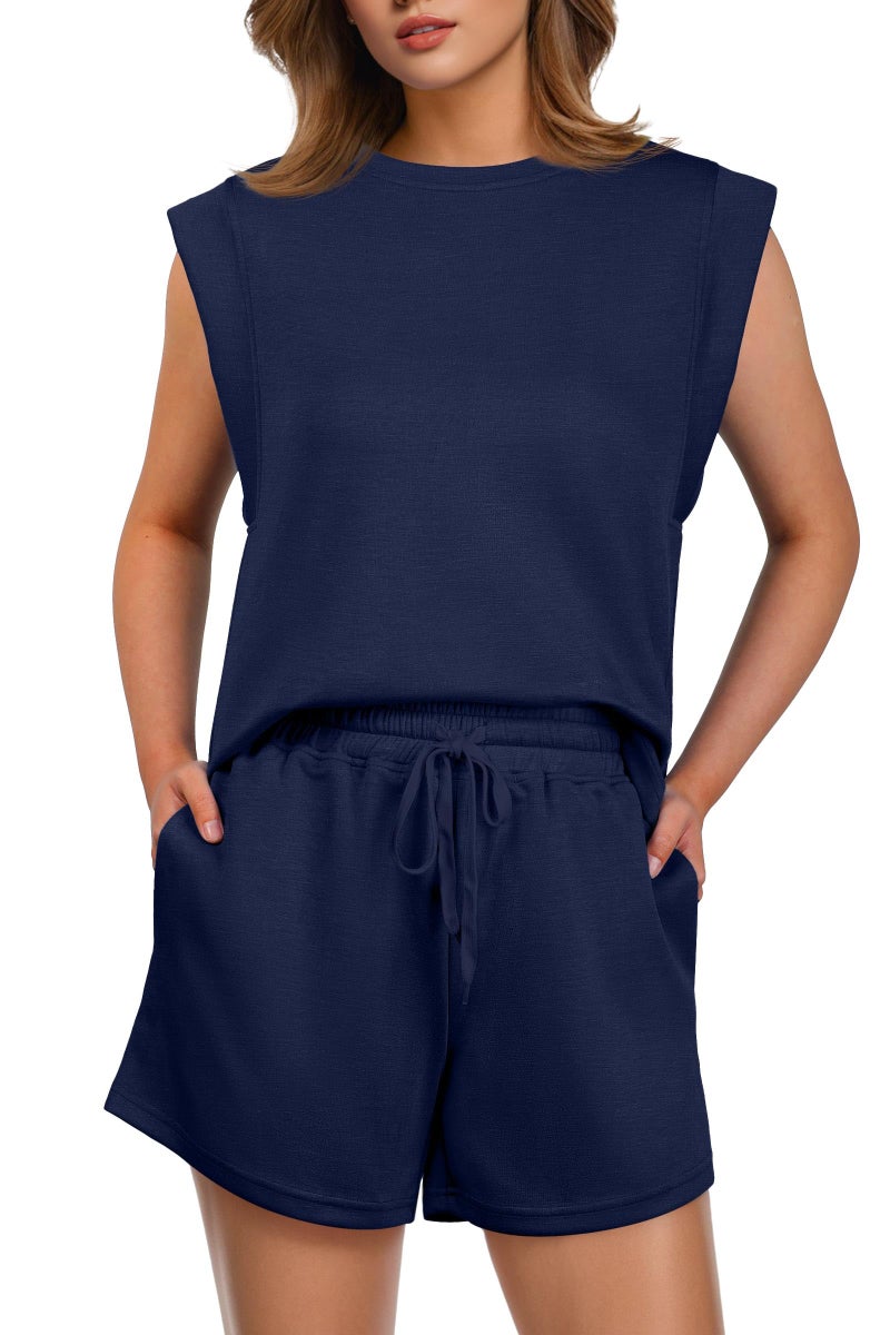 GRECERELLE 2 Piece Sets for Women Casual Summer Lounge Set Cap Sleeve Tops and Shorts with Pockets, Navy Blue, Medium - Image 1