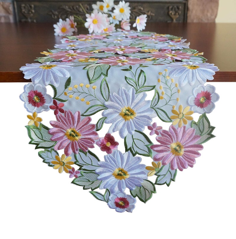 GRANDDECO Spring Table Runner 13""?34"" Embroidered Flowery Applique Floral Daisy Cutwork Table Linen Home Kitchen Dining Tabletop Decoration - Image 2