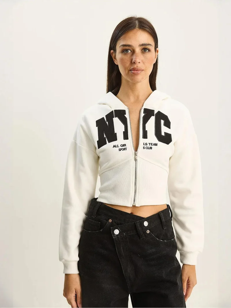 Bianco Lucci LUCCI Hooded Printed Slim Fit Crop Cardigan