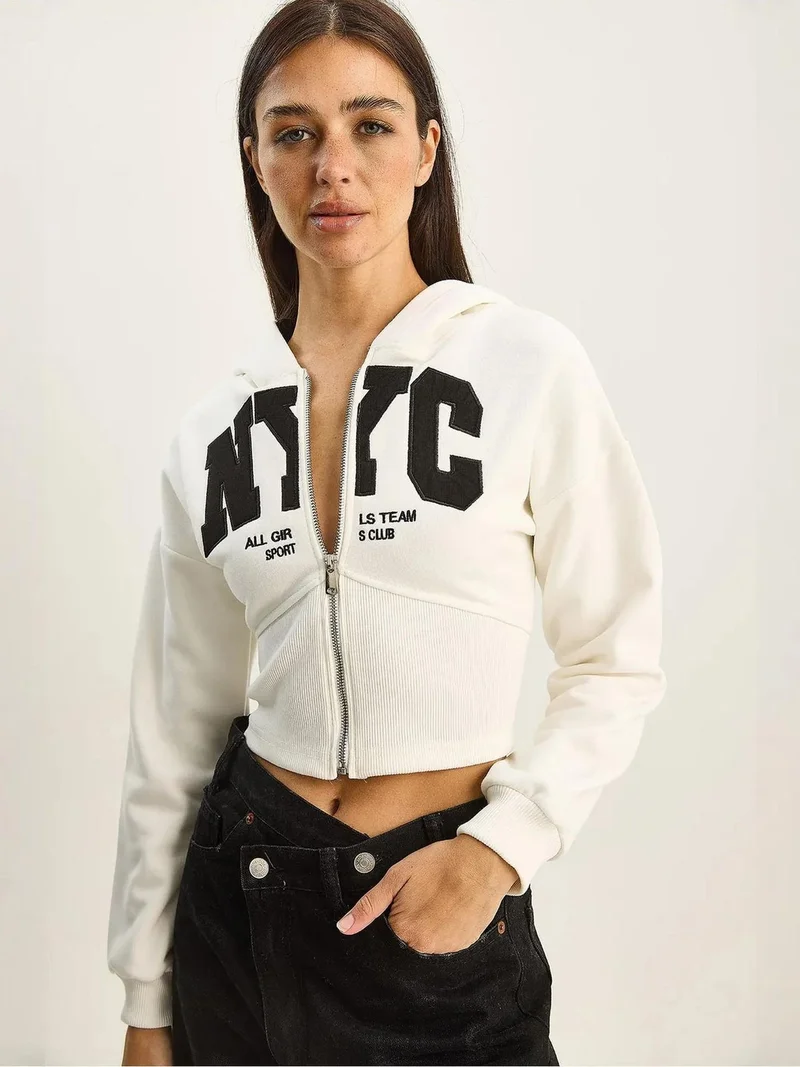 Bianco Lucci LUCCI Hooded Printed Slim Fit Crop Cardigan