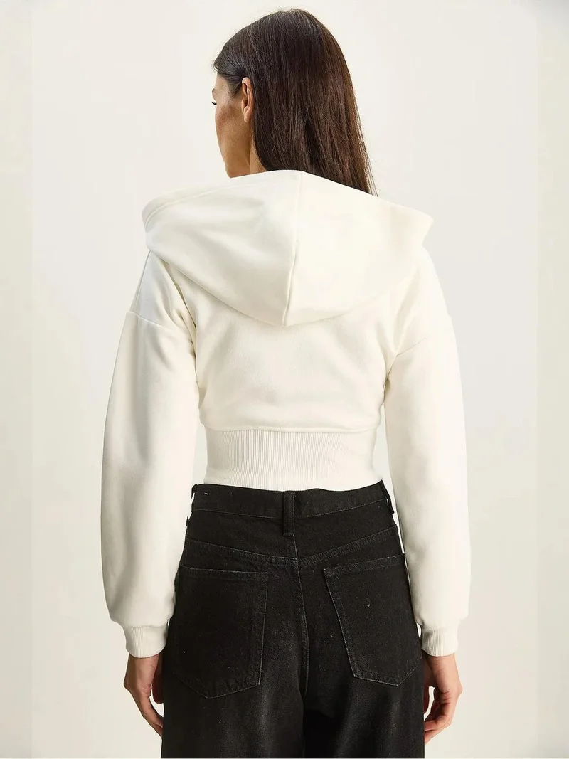 Bianco Lucci LUCCI Hooded Printed Slim Fit Crop Cardigan