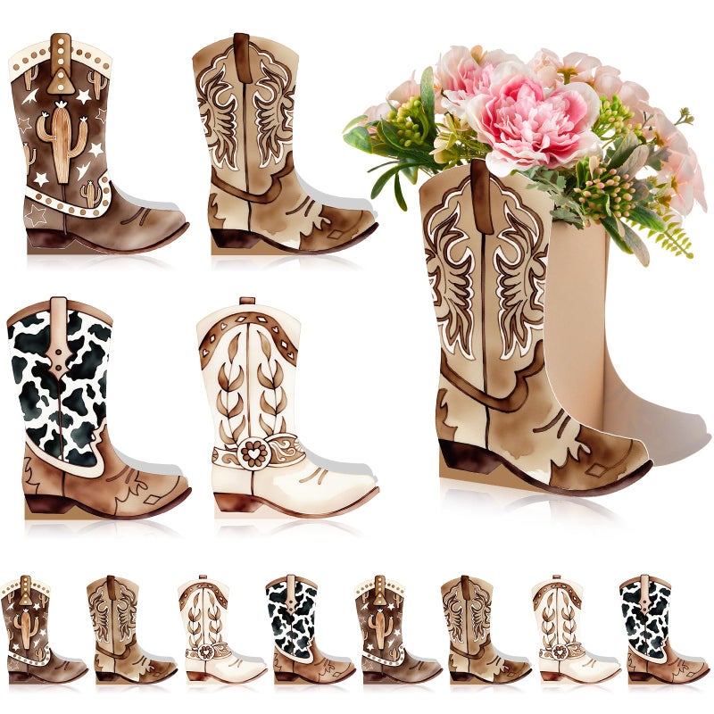 Memorywuu 12 Set Western Boots Flower Boxes Centerpiece Boot Shape Gift Boxes Party Decoration Vase Centerpieces for Tables Boots Rodeo Birthday Baby Shower Supplies (Western,Cowboy Cow) - Image 1