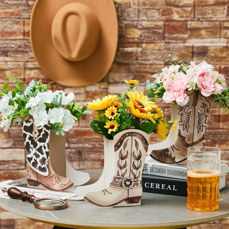 Memorywuu 12 Set Western Boots Flower Boxes Centerpiece Boot Shape Gift Boxes Party Decoration Vase Centerpieces for Tables Boots Rodeo Birthday Baby Shower Supplies (Western,Cowboy Cow) - Image 3