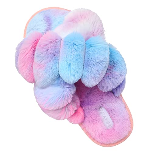 JIASUQI Fuzzy Cozy Faux Fur House Slippers for Women Furry Sandals Summer Slippers Memory Foam Sandal Indoor Outdoor Twist Colorful 10-11 - Image 1