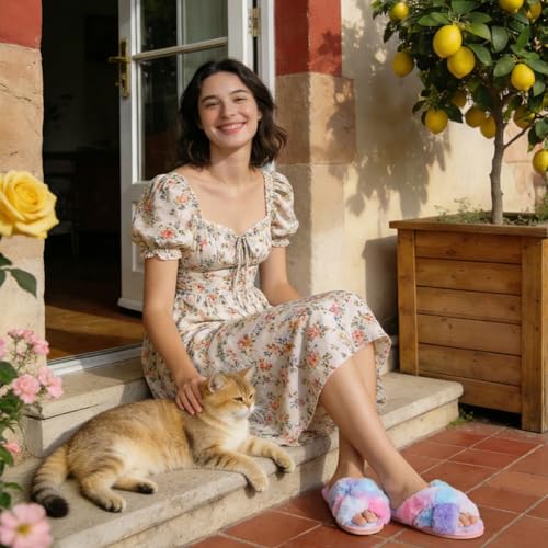 JIASUQI Fuzzy Cozy Faux Fur House Slippers for Women Furry Sandals Summer Slippers Memory Foam Sandal Indoor Outdoor Twist Colorful 10-11 - Image 2