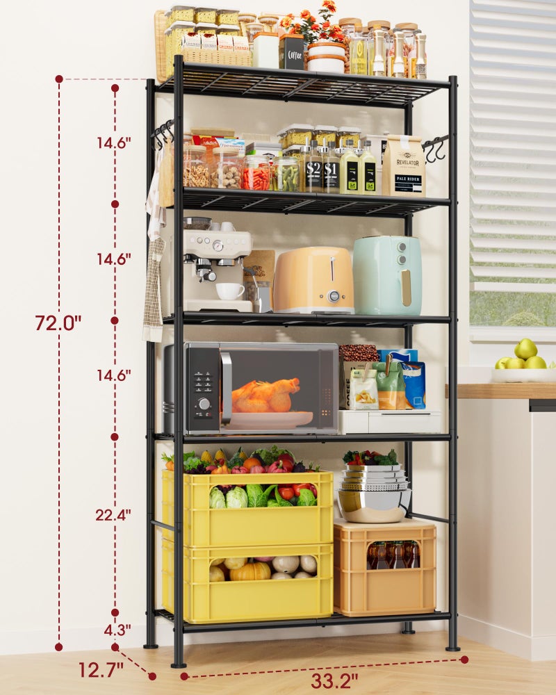 Sakugi Storage Shelves - 5-Tier Spacious Shelf Organizer with Hooks & Leveling Feet, Easy to Assemble, Rust-Resistant Garage Shelving for Kitchen, Pantry, Bedroom, 33.2" x 12.7" x 71.7", Black - Image 2