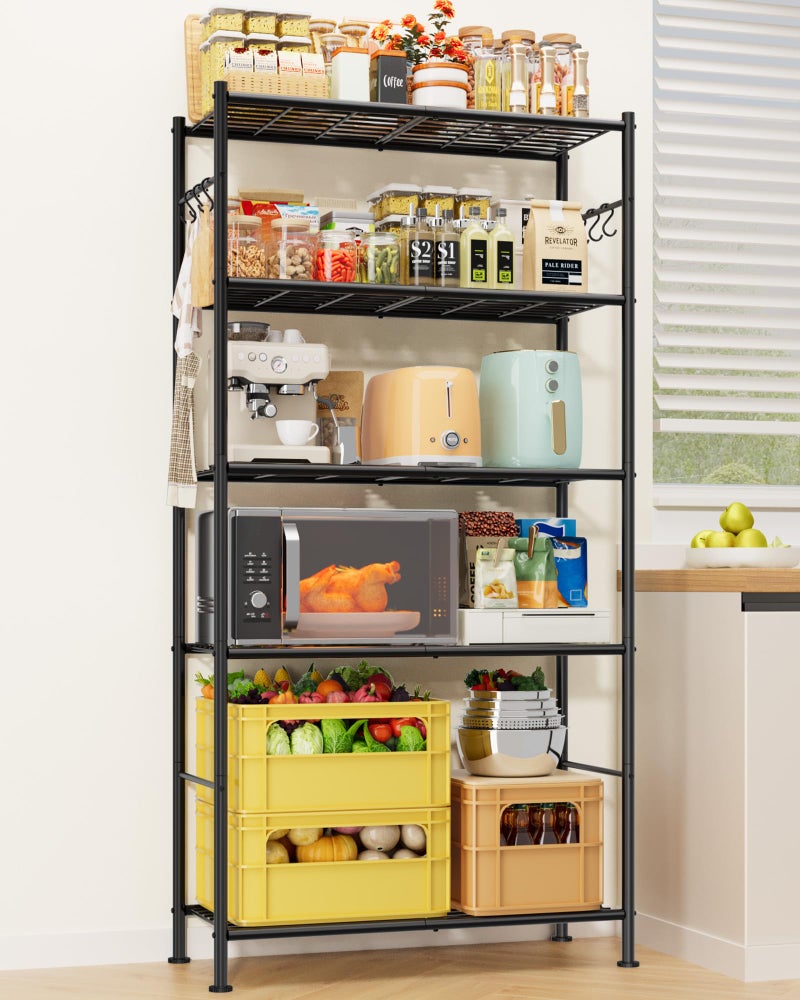 Sakugi Storage Shelves - 5-Tier Spacious Shelf Organizer with Hooks & Leveling Feet, Easy to Assemble, Rust-Resistant Garage Shelving for Kitchen, Pantry, Bedroom, 33.2" x 12.7" x 71.7", Black - Image 3