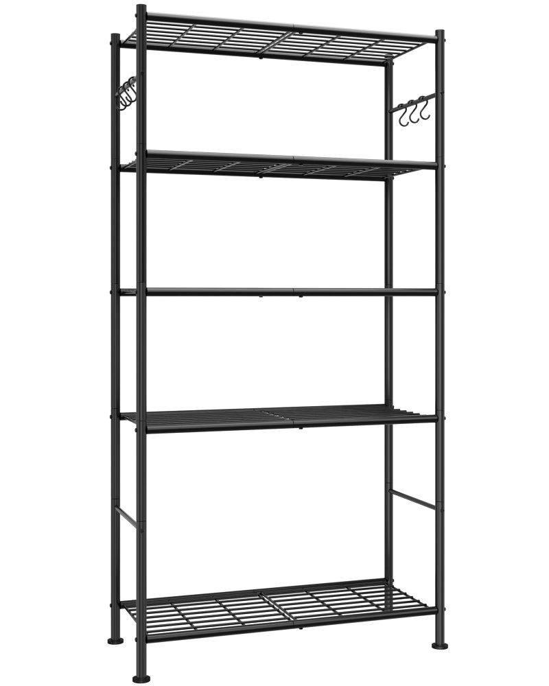 Sakugi Storage Shelves - 5-Tier Spacious Shelf Organizer with Hooks & Leveling Feet, Easy to Assemble, Rust-Resistant Garage Shelving for Kitchen, Pantry, Bedroom, 33.2" x 12.7" x 71.7", Black - Image 1