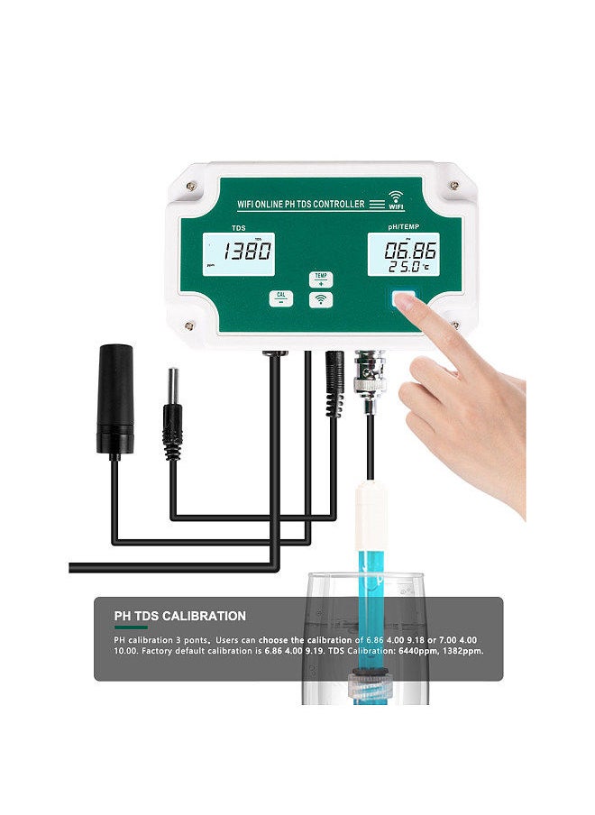 Generic - WiFi Online pH TDS Controller Professional 3-in-1 pH/TDS/TEMP Water Quality Detector pH Controller with Relay Plug Repleaceable Electrode BNC Type Probe Water Quality Tester - Image 1