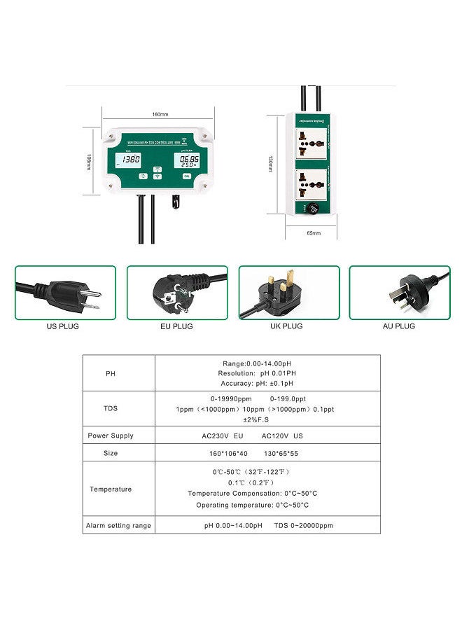 Generic - WiFi Online pH TDS Controller Professional 3-in-1 pH/TDS/TEMP Water Quality Detector pH Controller with Relay Plug Repleaceable Electrode BNC Type Probe Water Quality Tester - Image 1