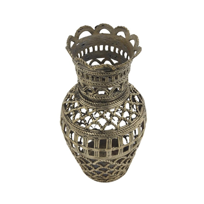 Natriel Exquisite Dhokra Art Brass Vase Intricate Woven Design with Golden Finish Decorative Showpiece 17 cm Brass Gold