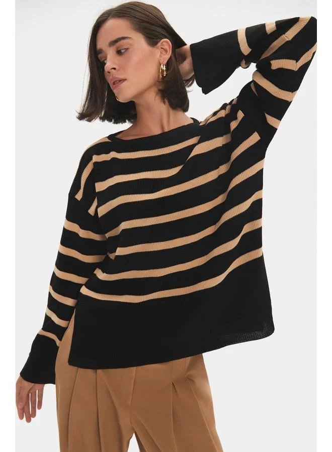 JUNE June Women Wide Fit Striped Slit Detail on the Sides Knitwear Sweater Black - Tan