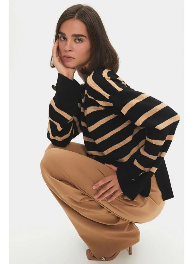JUNE June Women Wide Fit Striped Slit Detail on the Sides Knitwear Sweater Black - Tan