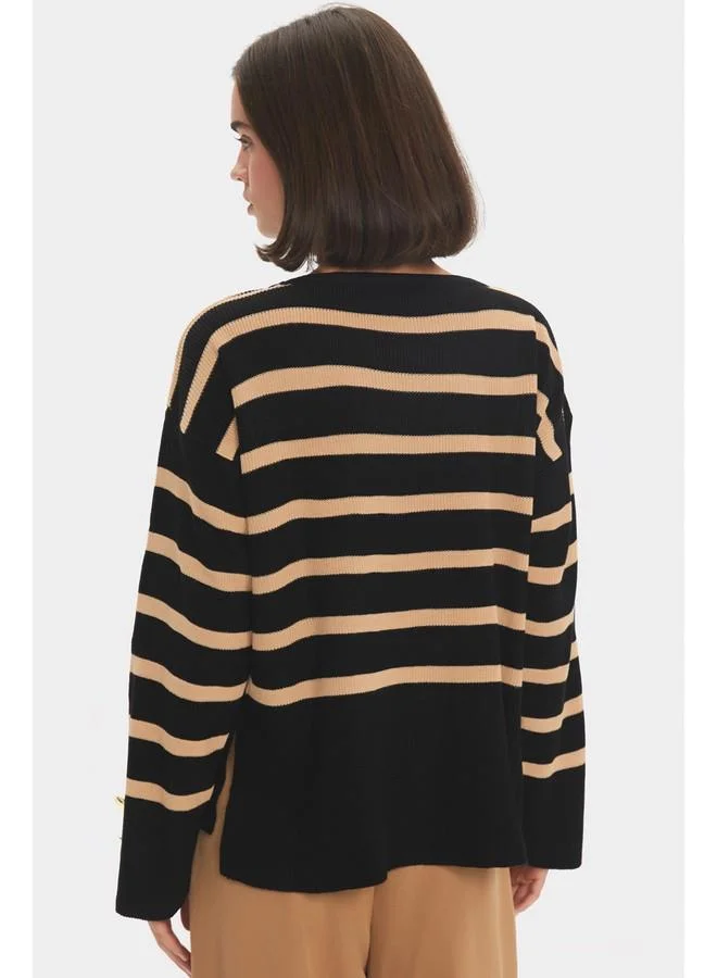 JUNE June Women Wide Fit Striped Slit Detail on the Sides Knitwear Sweater Black - Tan