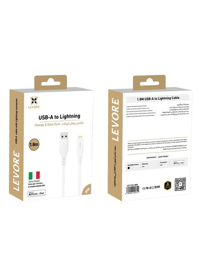 Levore USB to Lightning Cable MFI Certified TPE 1.8m - White