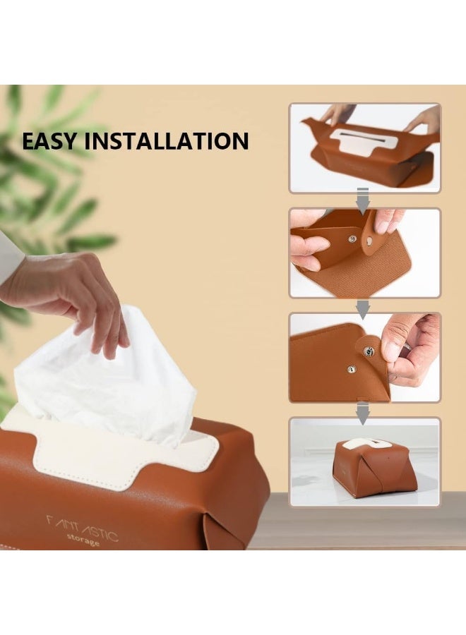 SUCITY Leather Tissue Box Cover, Tissue Box Holder for Living Room, Bedroom and Office, Office Desk Tissue Box Cover for Car (Brown) - Image 2