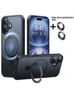 iPhone 16 Plus Case with Magnetic Invisible Stand, With Camera Lens Films Protector,  [Compatible with MagSafe] [Drop Protection]  Shockproof Slim Translucent Matte for iPhone 16 Plus Case 6.7 Inch 2024, Black