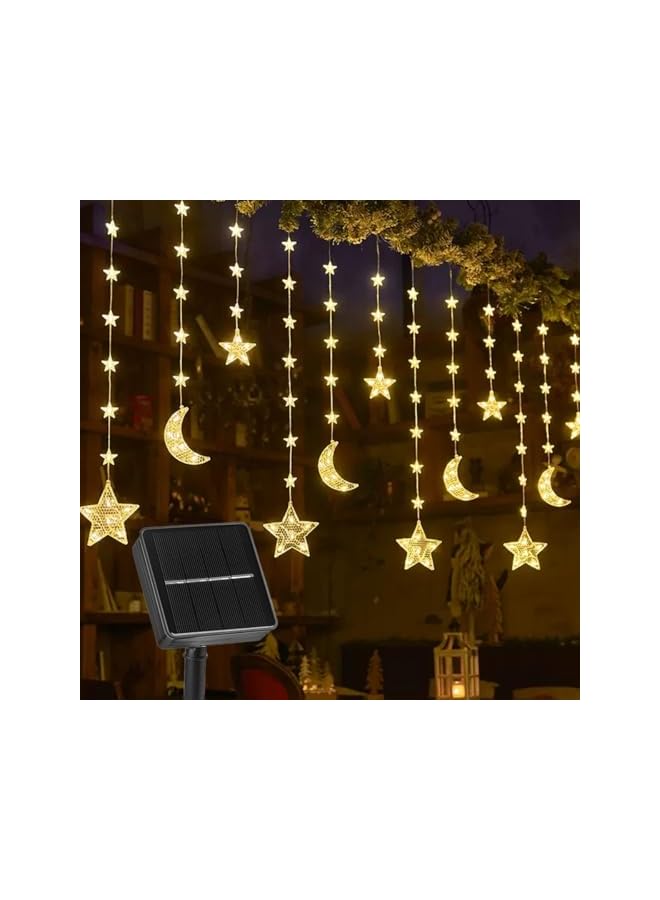 The Bros Ramadan Diwali Decorations Lights, Solar 12 Drops Star Moon Curtain Ramadan Lights 8 Lighting Modes Waterproof Window Curtain Fairy Lights for Home Party Outdoor - Warm White  - Image 2