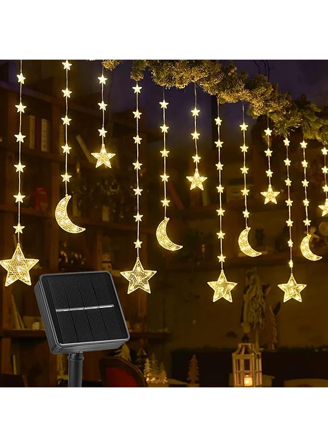 The Bros Ramadan Diwali Decorations Lights, Solar 12 Drops Star Moon Curtain Ramadan Lights 8 Lighting Modes Waterproof Window Curtain Fairy Lights for Home Party Outdoor - Warm White  - Image 1