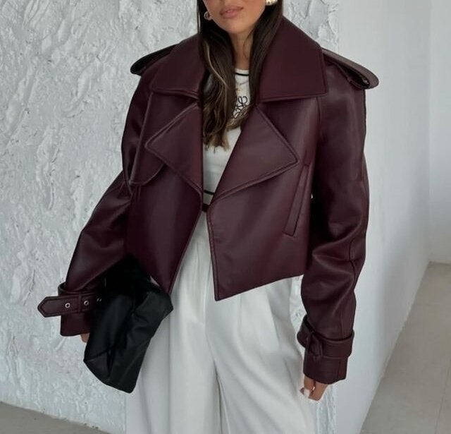 Generic 2024 Europe and the United States cross-border new womens autumn and winter red brown leather jacket coat short personality motorcycle style fashion Reddish brown jacket