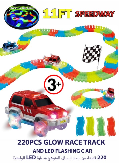 220 Pieces Glow Race Track with LED Flashing Race Car 11FT Speedway Non-Toxic ABS Bend Flex and Glow for 3+ Years