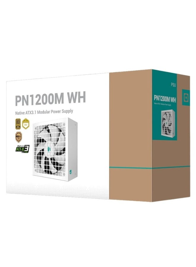 ديب كول مزود طاقة PN1200M WH بقدرة 1200 واط، معياري بالكامل، ATX 3.1، PCIe 5.1، حاصل على شهادة 80 PLUS Gold، مروحة FDB مقاس 135 مم، كابل GPU بقدرة 600 واط (12 فولت - 2x6)، تصحيح معامل القدرة النشط (Active PFC)، محول نصف جسر SRC LLC + DC-to-DC، مكثف ياباني عالي الجودة، أبيض | R-PNC00M-FC0W-JGUK - Image 1