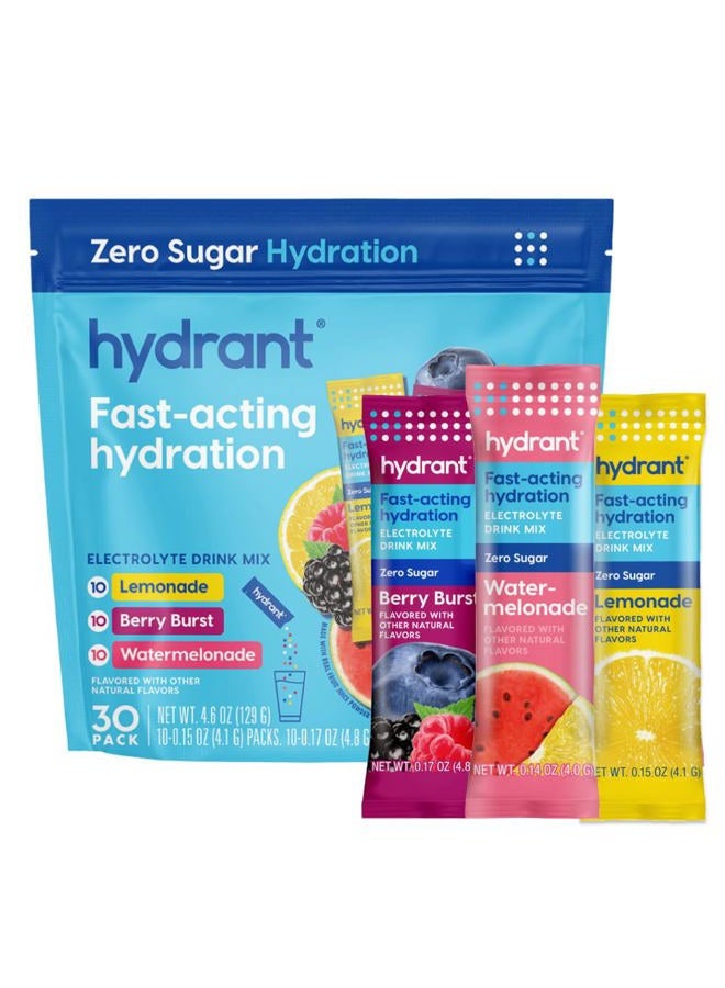Hydrant - Hydrate Electrolyte Powder Variety Pack, 30 Sugar-Free Rapid Hydration Individual Stick Packs - Zero Sugar Drink Mix for Daily Use, Travel & Workouts