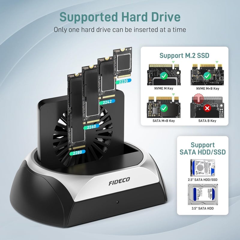 Tobo Hard Drive Docking Station, M.2 NVME SSD Docking Station with Cooling Fan, Support 2.5 and 3.5 inch SATA HDD SSD, and M.2 NVME SATA SSD, Ultimate Heat Dissipation - Image 3