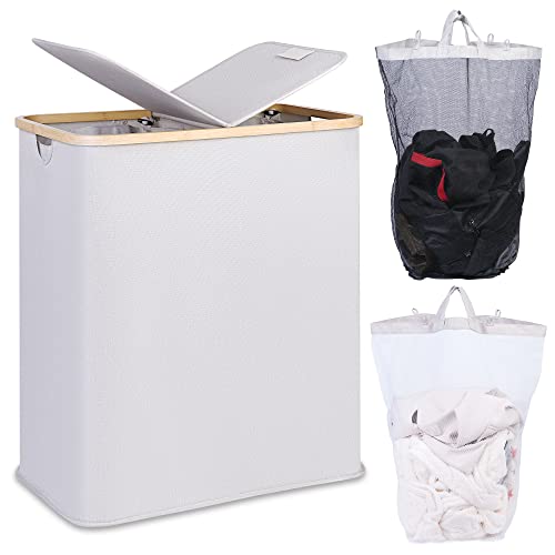 efluky Laundry Hamper with Lid Double Laundry Hamper with 2 Removable Bags 2 Section Laundry Basket with Bamboo Handles for Bathroom Bedroom  Laundry Room 140L 369 Gallon Light Grey