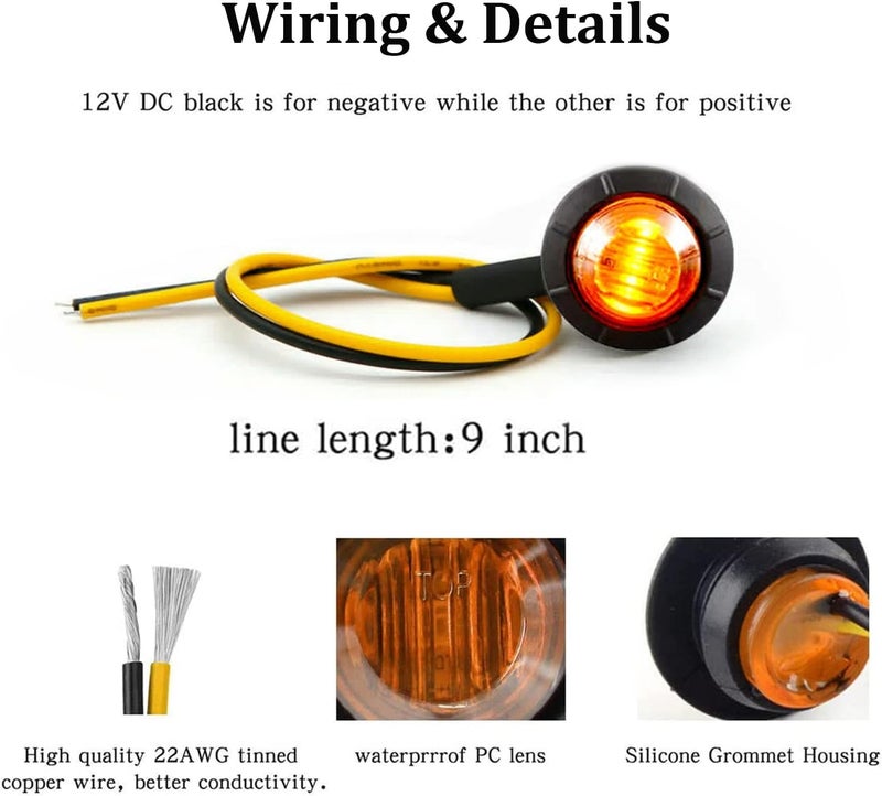 FXC 10x 3/4" Round LED Clearence Light Front Rear Side Marker Indicators Light for Truck Car Bus Trailer Van Caravan Boat, Taillight Brake Stop Lamp (Amber, 12V) - Image 4