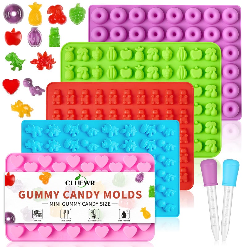 CLUEWR 5 Pcs Mini Gummy Candy Molds with 2 Dropper, Silicone Bear Donut Dinosaur Fruit Snack Molds Non-stick and BPA Free Jello Candy Mold for Small Chocolate Gummies - Image 1