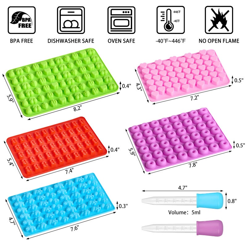 CLUEWR 5 Pcs Mini Gummy Candy Molds with 2 Dropper, Silicone Bear Donut Dinosaur Fruit Snack Molds Non-stick and BPA Free Jello Candy Mold for Small Chocolate Gummies - Image 2