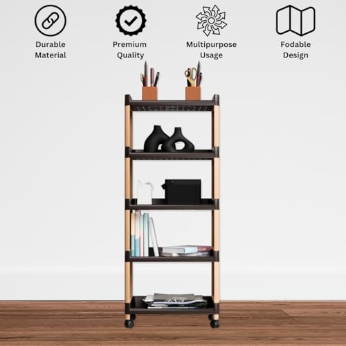 FOROLY Multipurpose 5 Tier Storage Rack with Wheels | Bathroom Kitchen Organizer Shelf | Rolling Utility Trolley for Home, Laundry, Office & Living Room | Heavy Duty Plastic Rack (Brown) - Image 3