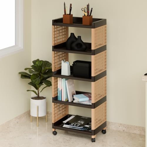 FOROLY Multipurpose 5 Tier Storage Rack with Wheels | Bathroom Kitchen Organizer Shelf | Rolling Utility Trolley for Home, Laundry, Office & Living Room | Heavy Duty Plastic Rack (Brown) - Image 1