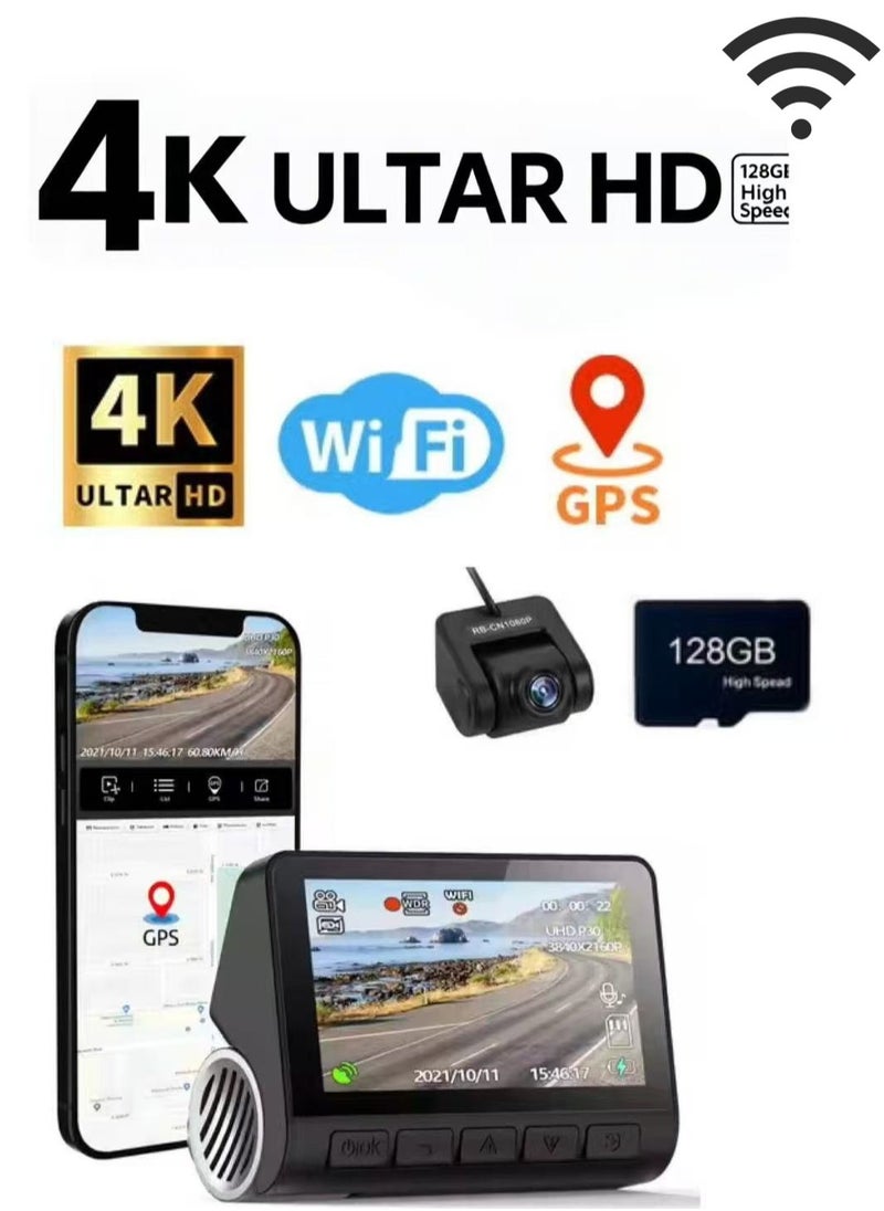 Generic V55 4K+1080P rear camera Dual lens support Car driving recorder G sensor, loop recording, WIFI GPS 24-hour parking monitoring, night vision, free 128GB SD card  - Image 1