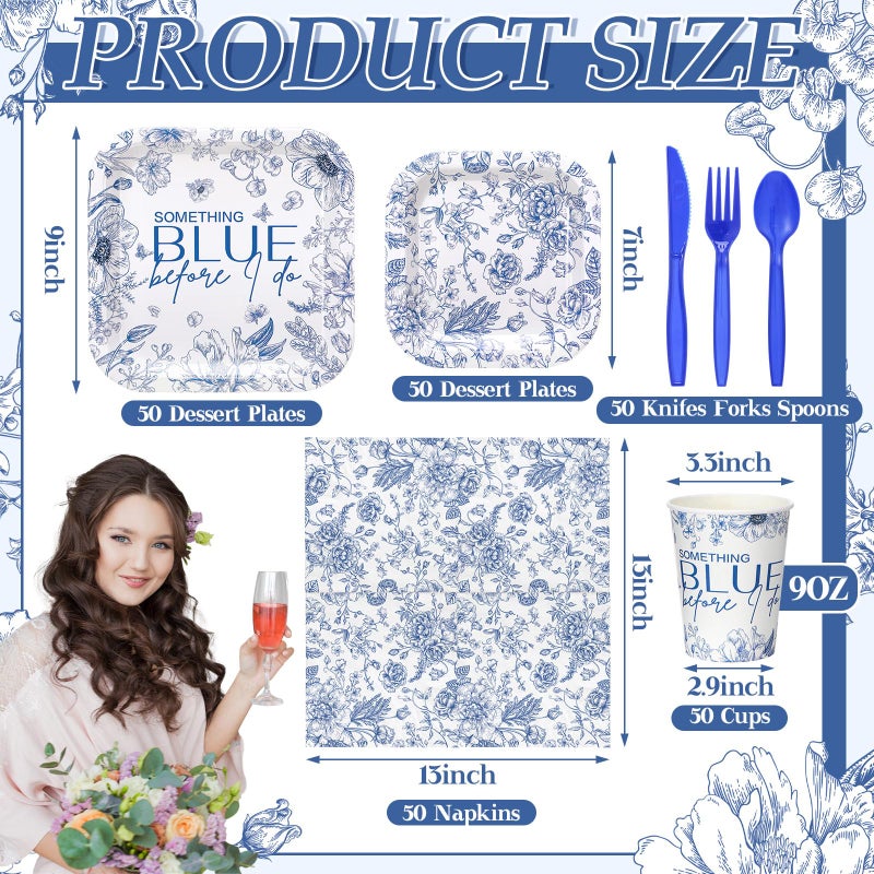 Suttmin 350 Pcs Paper Plates and Napkins Set Disposable Dinnerware Party Supplies Tableware Serve 50 Guest Cups Knife Forks Spoon(Blue Something Blue Before I Do) - Image 2