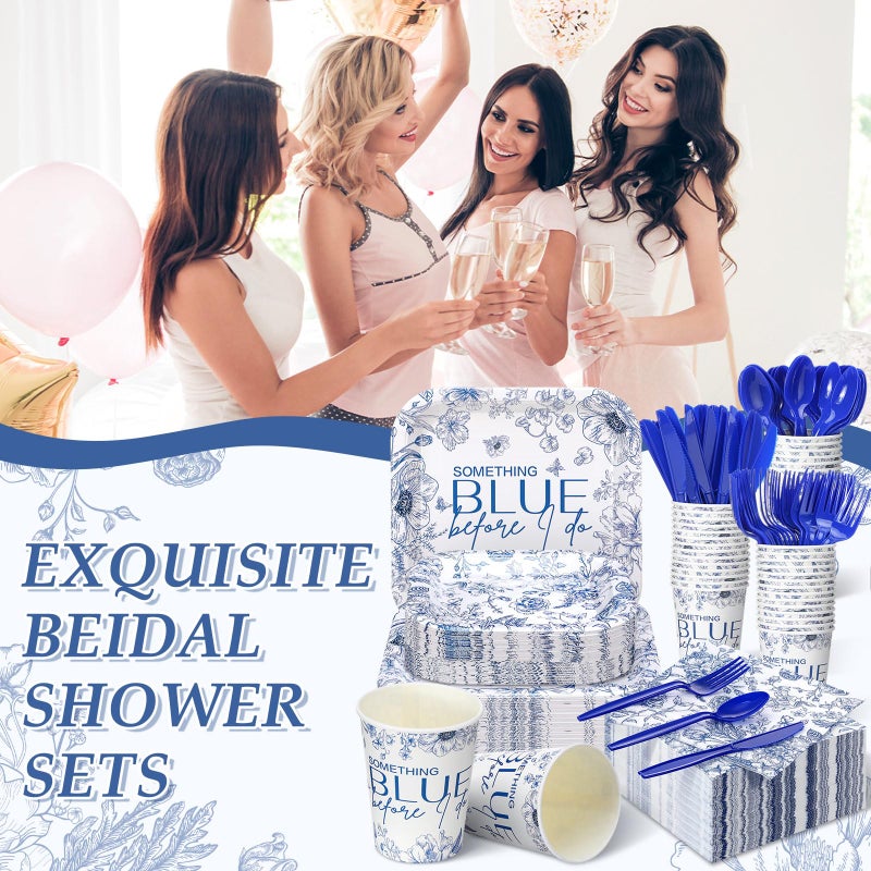 Suttmin 350 Pcs Paper Plates and Napkins Set Disposable Dinnerware Party Supplies Tableware Serve 50 Guest Cups Knife Forks Spoon(Blue Something Blue Before I Do) - Image 3