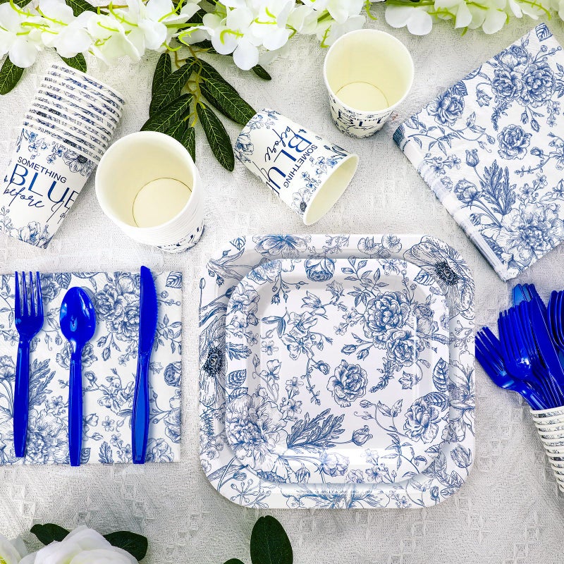 Suttmin 350 Pcs Paper Plates and Napkins Set Disposable Dinnerware Party Supplies Tableware Serve 50 Guest Cups Knife Forks Spoon(Blue Something Blue Before I Do) - Image 1